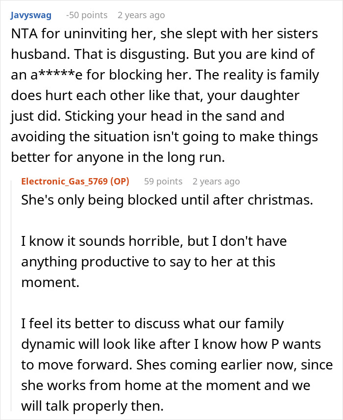 Woman Thinks Mom Is Wrong For Uninviting Her From Christmas Because Of Dating Sister’s Husband Woman Thinks Mom Is Wrong For Uninviting Her From Christmas Because Of Dating Sister’s Husband
