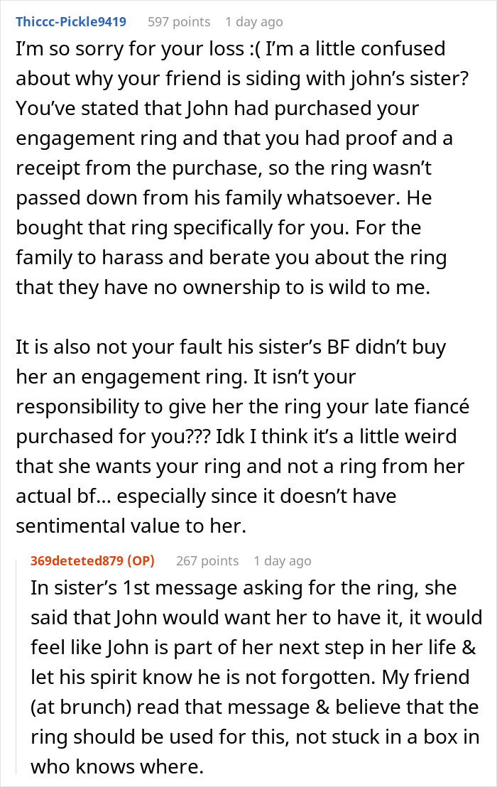 Reddit post discussing family dispute over a late son’s fiancé and a contested family heirloom ring. Reddit post discussing family dispute over a late son’s fiancé and a contested family heirloom ring.
