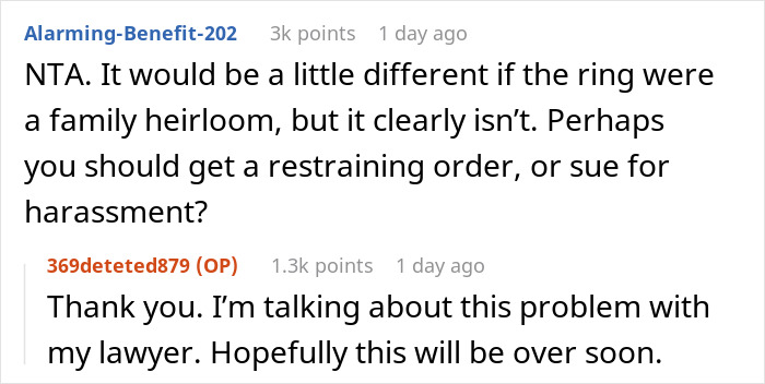 Reddit conversation discussing a family heirloom dispute and possible legal actions involving the late son’s fiancé. Reddit conversation discussing a family heirloom dispute and possible legal actions involving the late son’s fiancé.