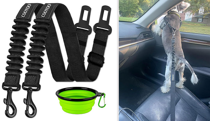 COOYOO Adjustable Pet Seat Belt: Keep your furry friend safe and comfortable during car rides with this durable, tangle-free seat belt that allows them to move freely without compromising their safety.