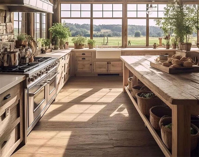 Country kitchen with wooden decorations