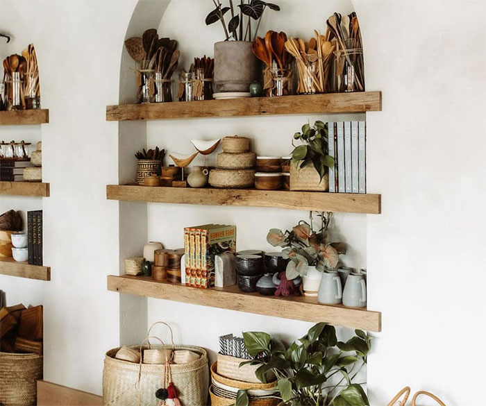 Country kitchen with open shelves