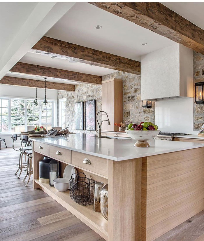 Country kitchen with stone and wood decor