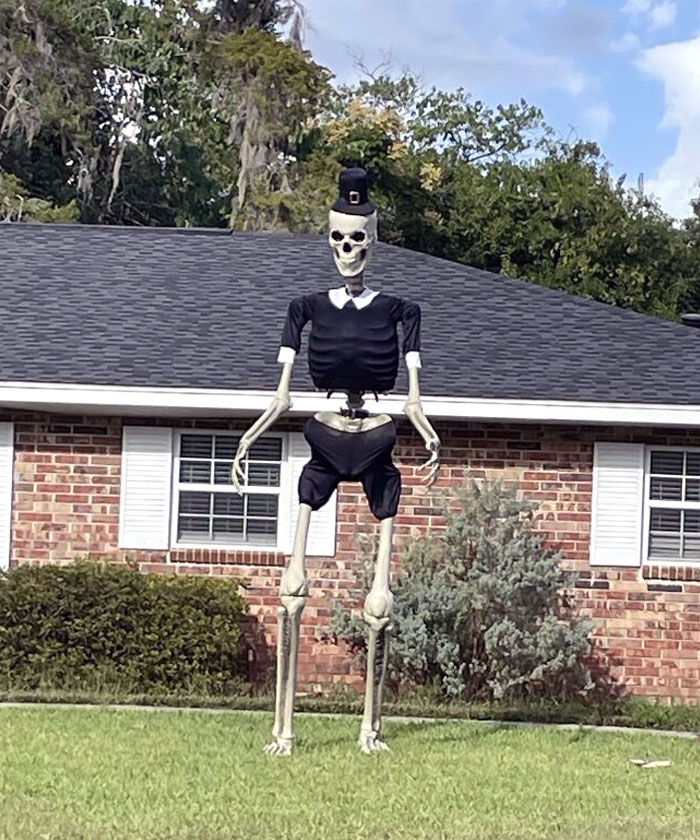 Neighbors Said Screw It. Halloween Skeleton Is Now A Pilgrim