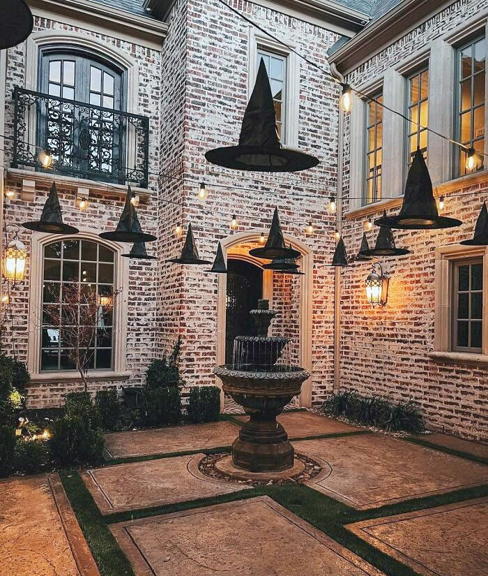 I Didn't Realize How Big Of A Deal Halloween Decor Was For Our Neighborhood Last Year, So At The Last Minute I Hung Some String Lights And Witch Hats For A Little Moodiness In Our Courtyard