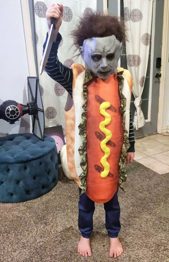 When Your Kid Wants To Be Both A Hot Dog And Michael Myers For Halloween. Oscar Myers Is Born