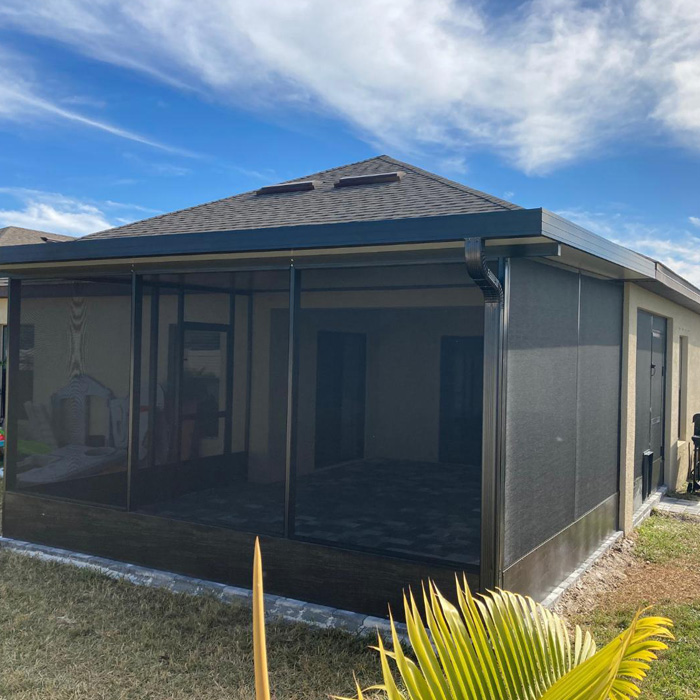 Screened backyard deck with bug protection and shaded outdoor space for relaxing and enjoying time outdoors. Screened backyard deck with bug protection and shaded outdoor space for relaxing and enjoying time outdoors.