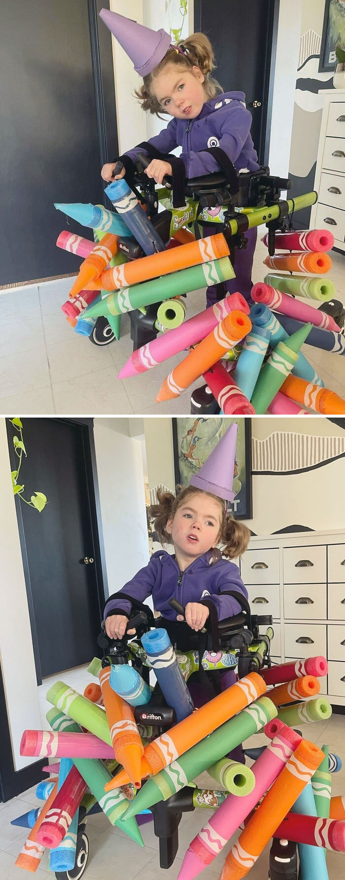 My 5-Year-Old Going As A “Pile Of Crayons” For Halloween. They’re Made From Pool Noodles, Hockey Tape And Construction Paper And Tied Together So They Can Be Hung On Her Walker