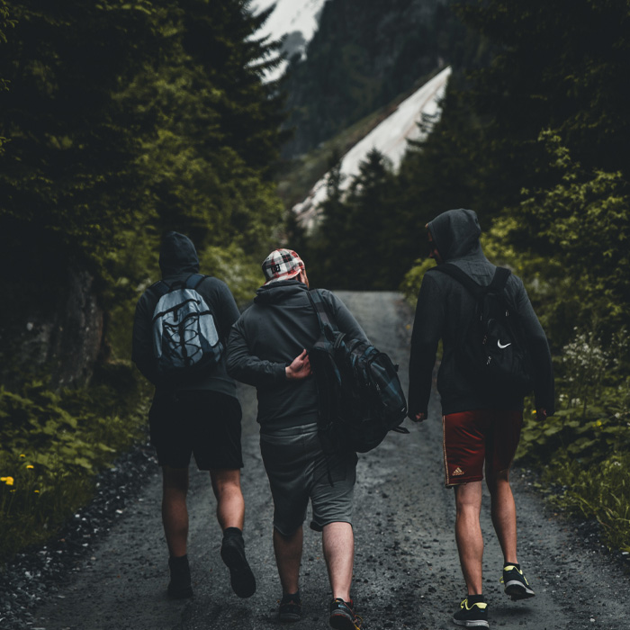 Three person walking down the road into the woods 