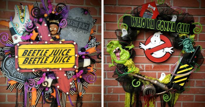 I Make Custom Wreaths For Any Holiday; Here Are The Beetlejuice And Ghostbusters Ones That I Made For Halloween