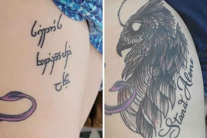 Tattoo fix showing transformation from a script tattoo to a detailed feather design with the words "Stand Alone."