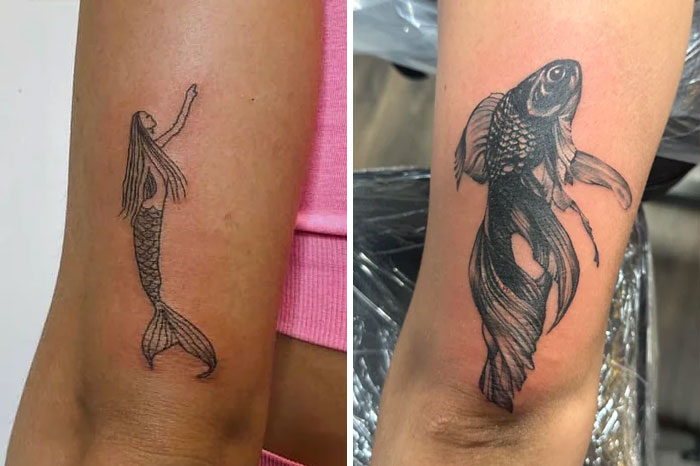 Terrible tattoos getting fixed: mermaid tattoo transformed into a detailed fish design on a person's arm.