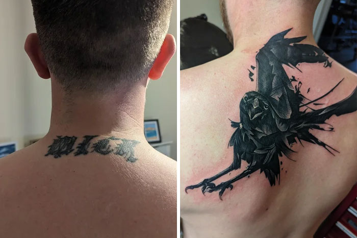 Terrible tattoo on neck before; detailed raven tattoo on back after.