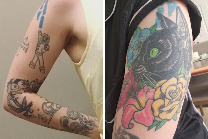 Tattoo fix showing transformation from amateur astronaut design to vibrant cat and flowers artwork on arm.