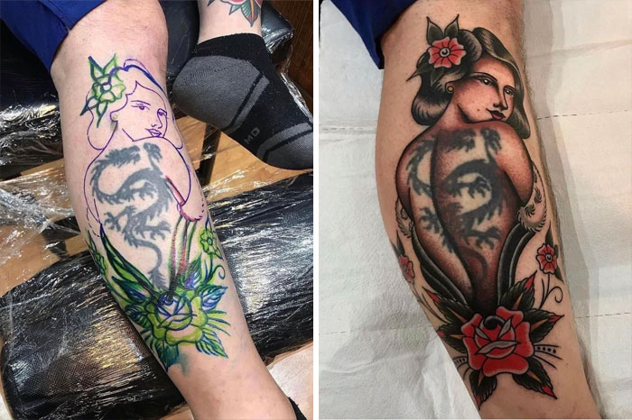 Before and after of a tattoo fix showing improved design with vibrant colors and clearer lines on a person's leg.