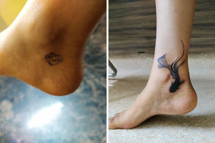 Before and after tattoo fix showing an ankle design transformation from small to detailed artwork.