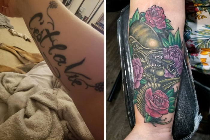 I Was Worried My Thick Black Letter Tattoo Wouldn't Able To Be Covered, But My Artist Was The Bomb Dot Com