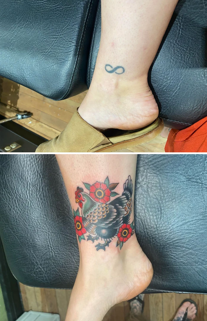 Before and after tattoo fix showing an infinity symbol transformed into a vibrant chicken design with flowers.