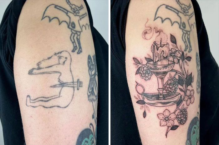 Before and after of a tattoo fix, transforming a crude drawing into an elegant floral and candle design on an arm.