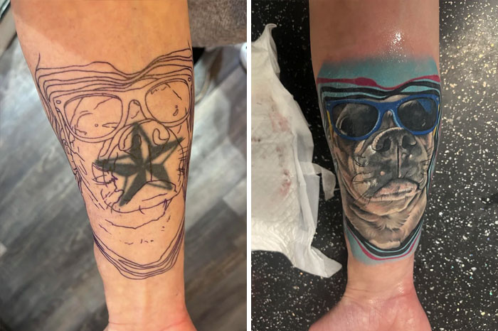 Before and after of a terrible tattoo getting fixed, showing dramatic transformation on arm.