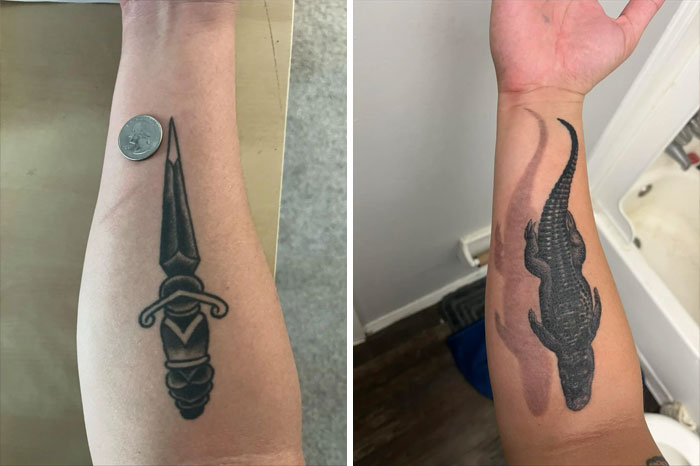 Before and after of a terrible tattoo fixed, showing transformation from a dagger to an alligator on forearm.
