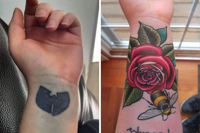Terrible tattoo cover-up transformation: dull black tattoo turned into vibrant rose and bee design on forearm.