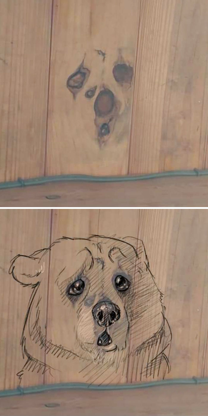 I Started Drawing Over To Show What I See In Detail. Here's A Sad Bear Trapped In A Wall