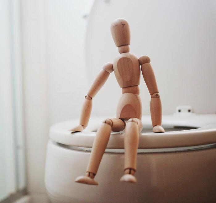 Brown wooden doll sitting on white toilet