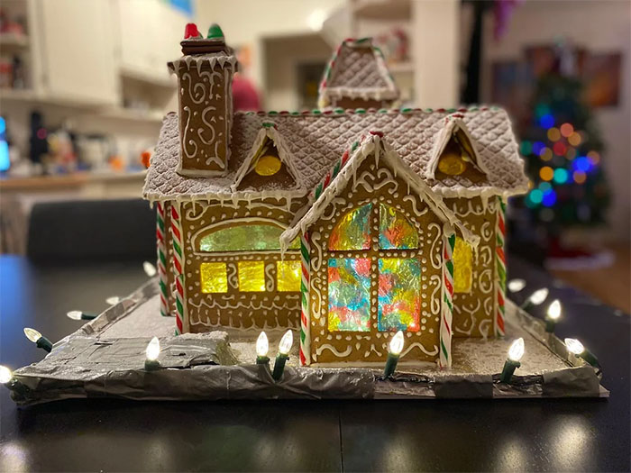 Gingerbread house with sugar glass windows.