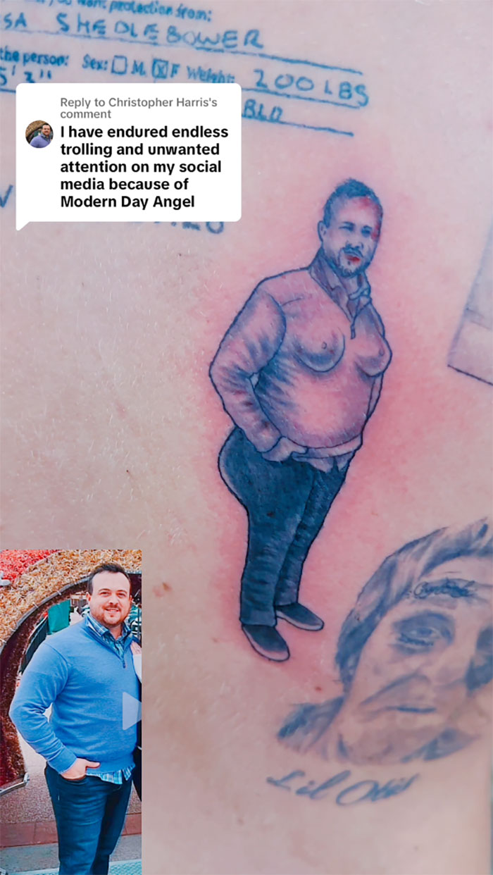 Tattoo of TikToker trolling bullies with a comment bubble on skin. Tattoo of TikToker trolling bullies with a comment bubble on skin.