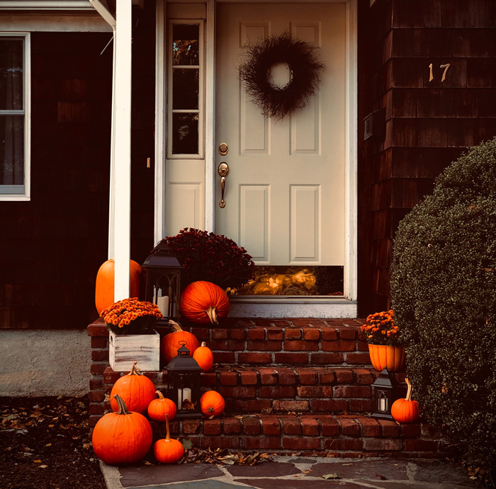 Pumpkin decorations near home door