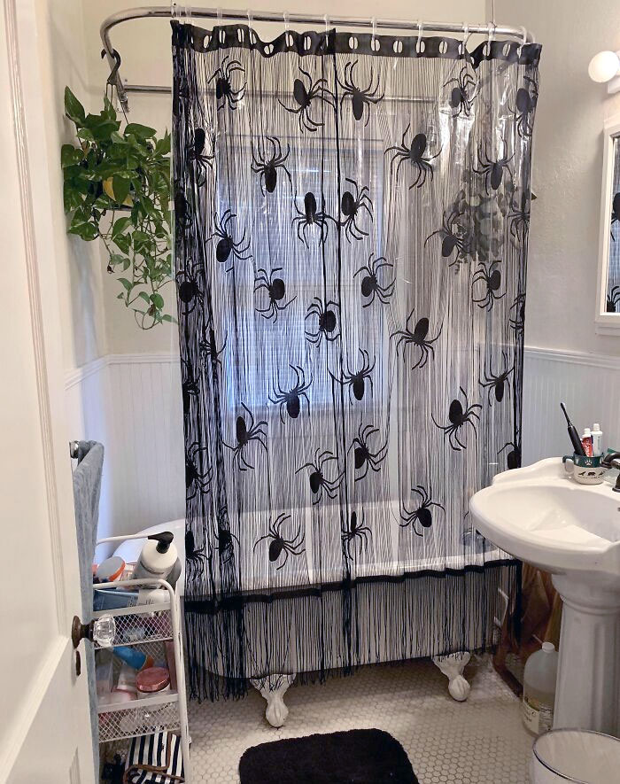 I Couldn't Find A Halloween Shower Curtain I Liked But I Found These Door Decorations At Joanns. I Love How It Turned Out