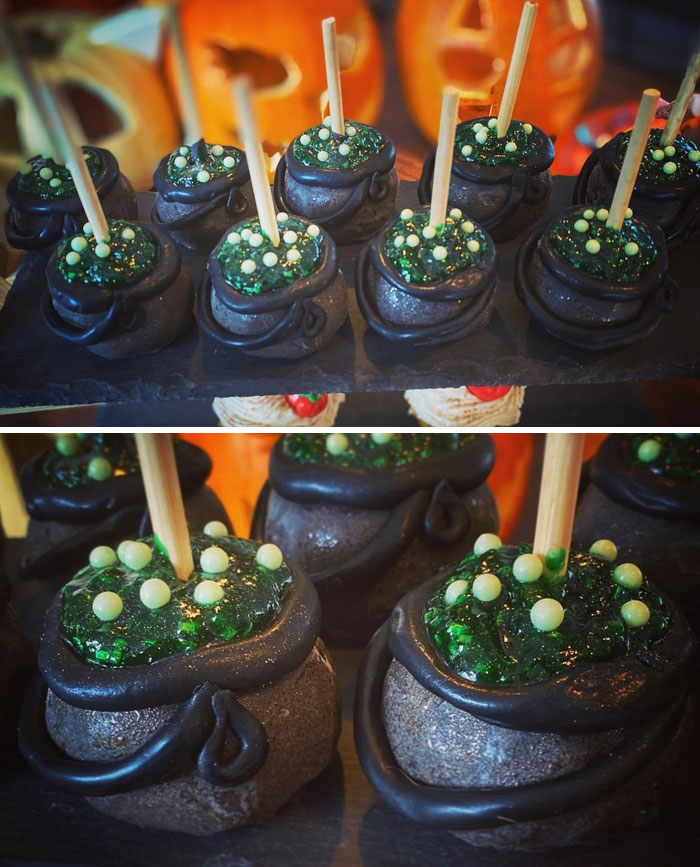 Made Cauldron Cake Pops For Halloween. The Goo Is Apricot Jam With Green Food Coloring And Some Edible Glitter