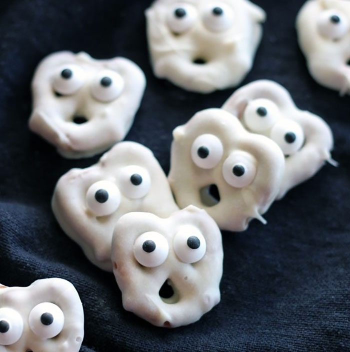 Ghost Pretzels. White Chocolate Dipped Pretzels Are Made Into Ghosts With Candy Eyes And A Little Bit Of Imagination
