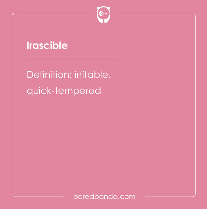 Irascible definition card from hard spelling bee words, meaning irritable and quick-tempered in a simple design.