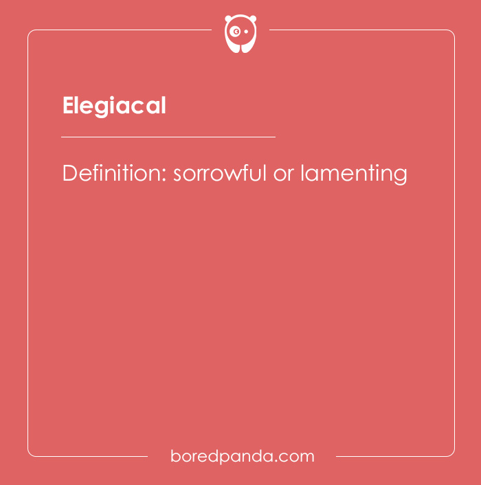 Hard spelling bee word elegiacal with definition sorrowful or lamenting on a red background from spelling bee words list.