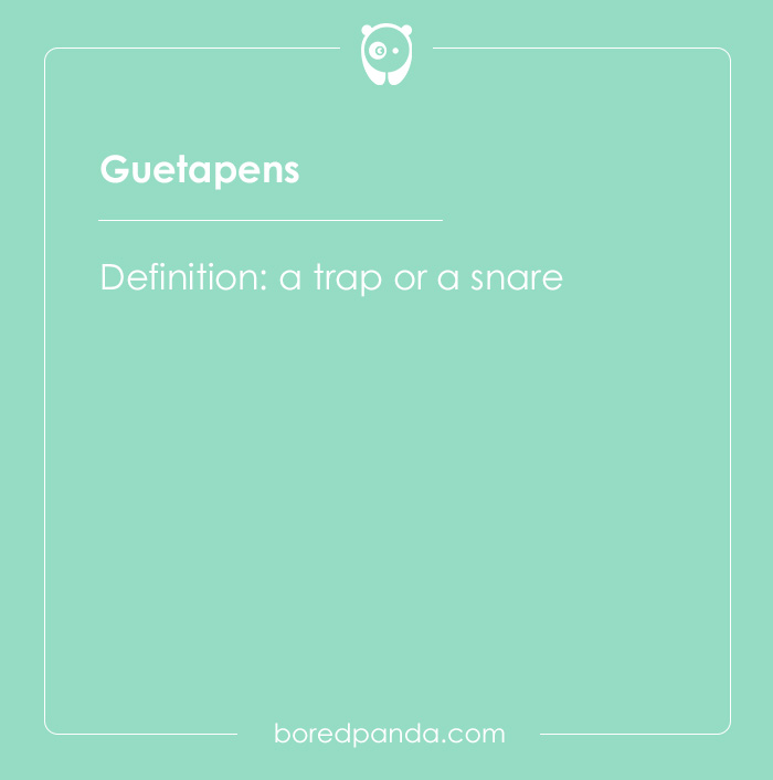 Card showing the hard spelling bee word Guetapens with its definition as a trap or snare, part of spelling bee words.
