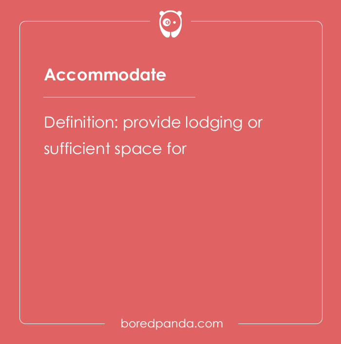 Accommodate spelling bee word card with the definition providing lodging or sufficient space on a red background.