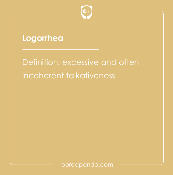 Word logorrhea explained with definition on a tan background, related to hard spelling bee words.