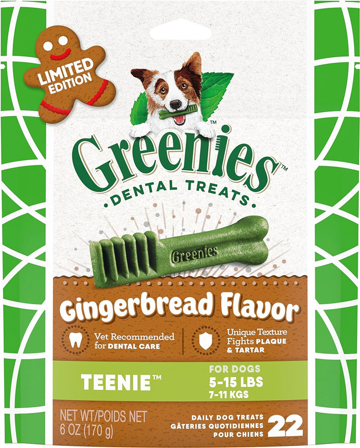 A package of Greenies dental treats for small dogs with a holiday gingerbread flavor, because how often is a holiday snack actually good for your teeth?