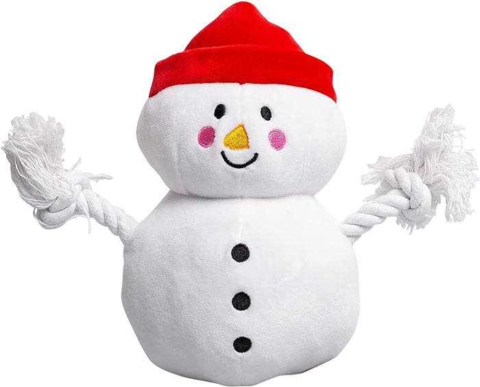 An adorable plush snowman toy that squeaks with joy, but is also always up for a good nuzzle.