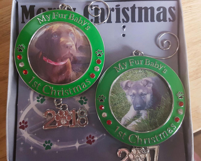 A photo ornament that celebrates your little puppy, kitten, bunny, chinchilla, or any other furry loved one's first holiday.
