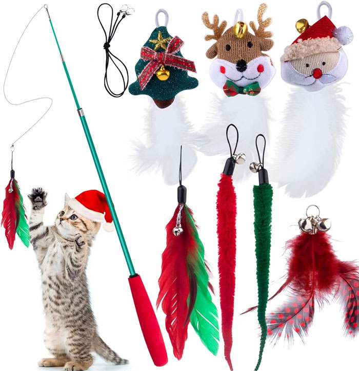 A Christmas-Themed Cat Wand With A Set Of Replaceable Feathers, For The Kitty Who Still Believes In Santa.