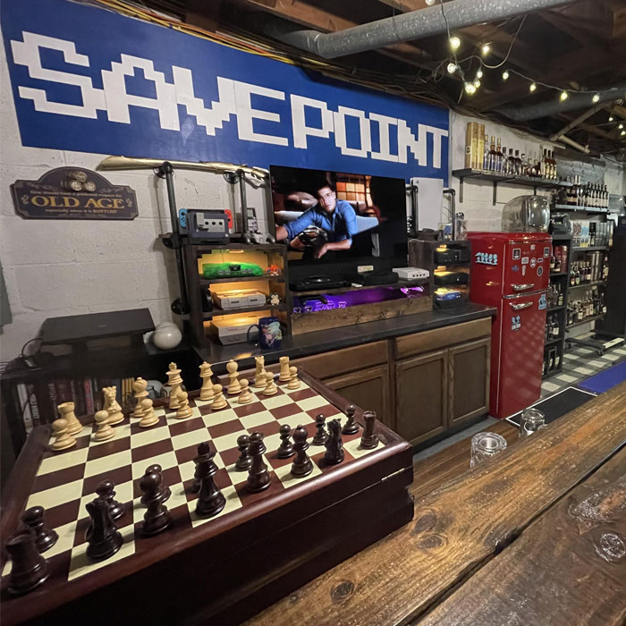Game consoles in a home bar