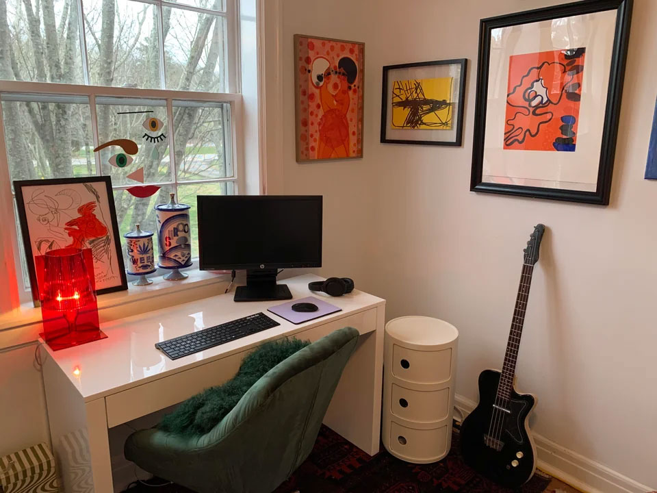 Home office ideas featuring colorful art pictures on the wall, a clean desk setup, and a cozy chair for productive work. Home office ideas featuring colorful art pictures on the wall, a clean desk setup, and a cozy chair for productive work.