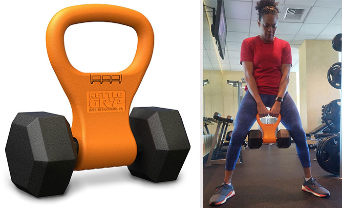 KETTLE GRYP: A versatile tool that transforms your dumbbells into kettlebells instantly, making it a cost-effective and space-saving solution for diverse and efficient exercising