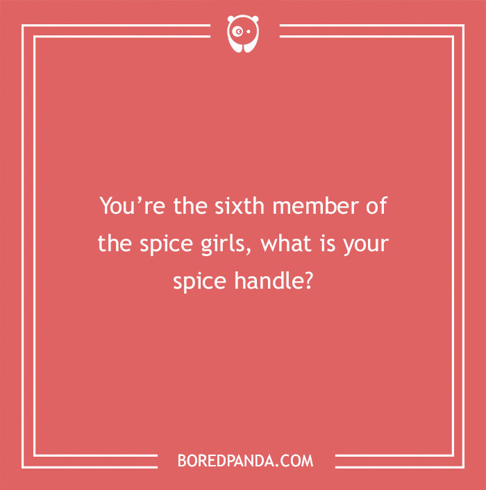 Red card with funny hypothetical question about being the sixth Spice Girl and choosing a spice handle.