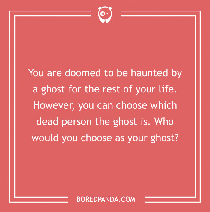 Hypothetical question about choosing a ghost to haunt you on a red background.