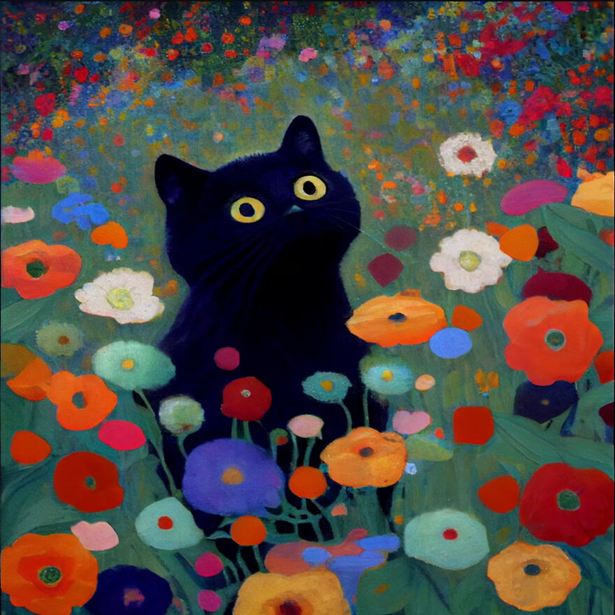Black Cat Inspired By Gustav Klimt's Flower Garden