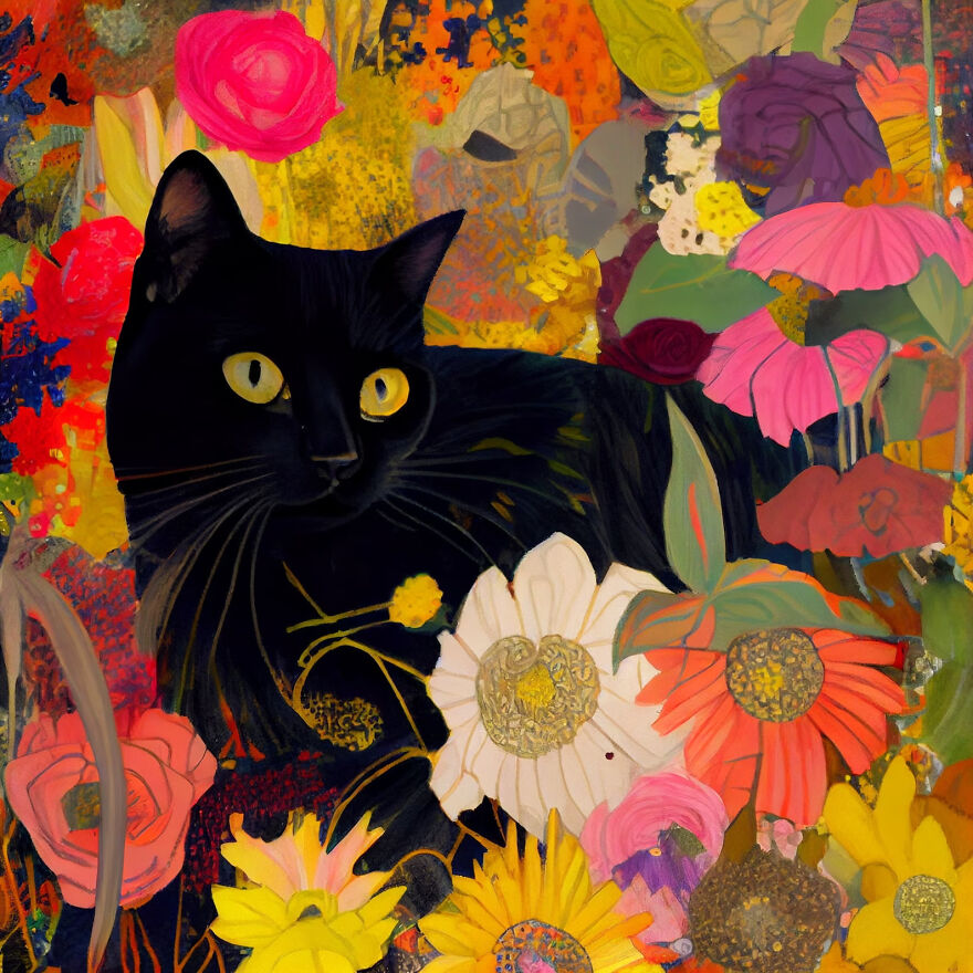 Black Cat Inspired By Gustav Klimt's Flower Garden